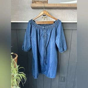 Boutique Off Shoulder Tie 3/4 Sleeve‎ Knee Length Blue Pullover Dress Plus Sz 1X
